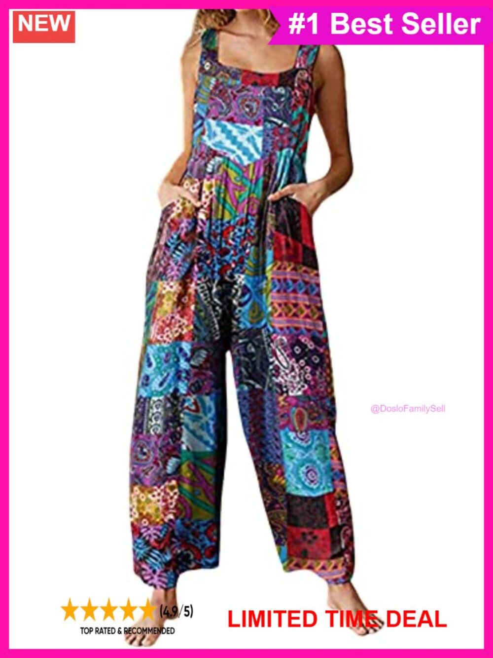 Boho Floral Wide Leg Cotton Overalls Jumpsuit with Pockets